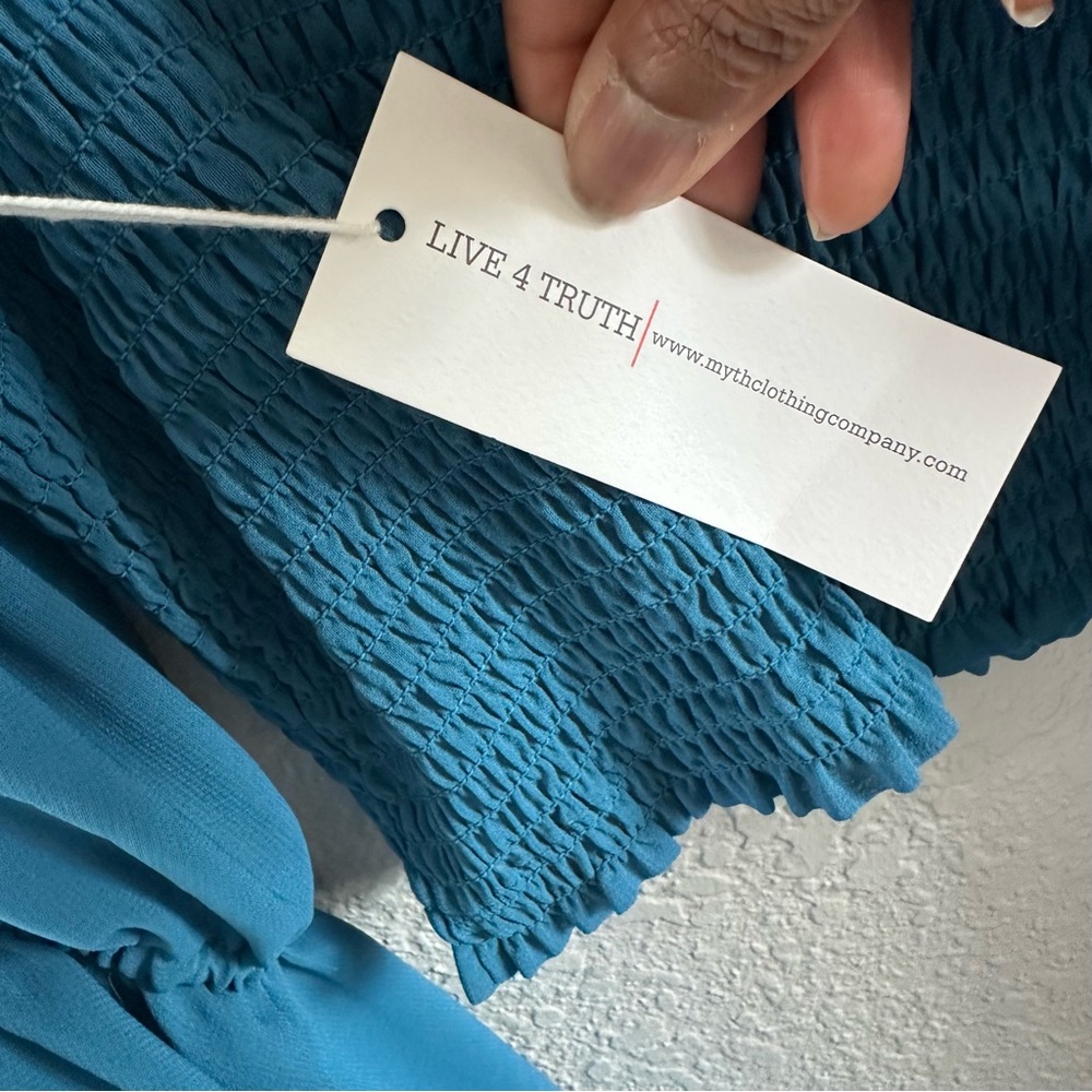 Teal Smocked Crop Top NWT Sheer Bell Sleeve Boho Cottagecore Festival Top M - Picture 16 of 16